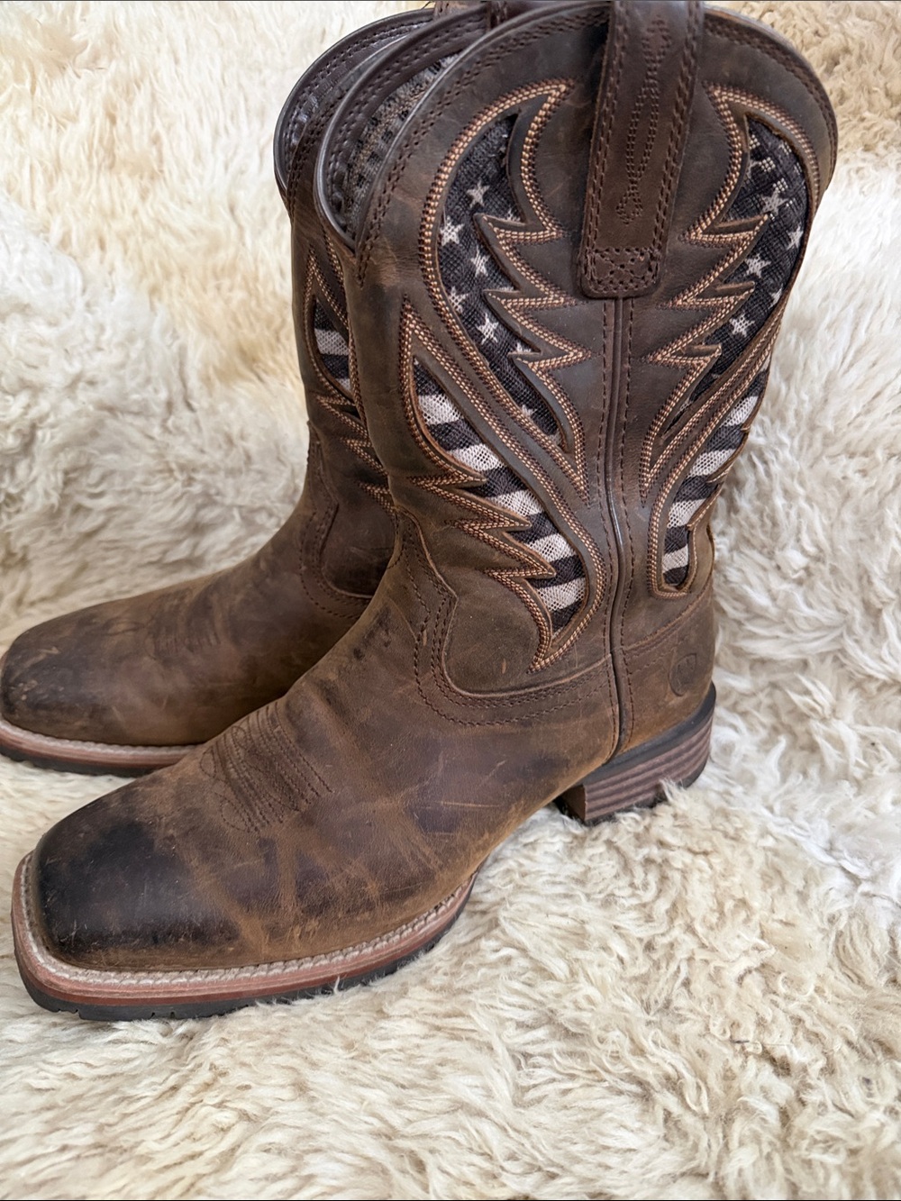 Ariat Brown Leather Western Boots with Flag Inset